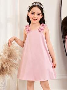 SHEIN 女童纯色3D立体花卉吊带连衣裙 - 淺粉色 - 查看 5