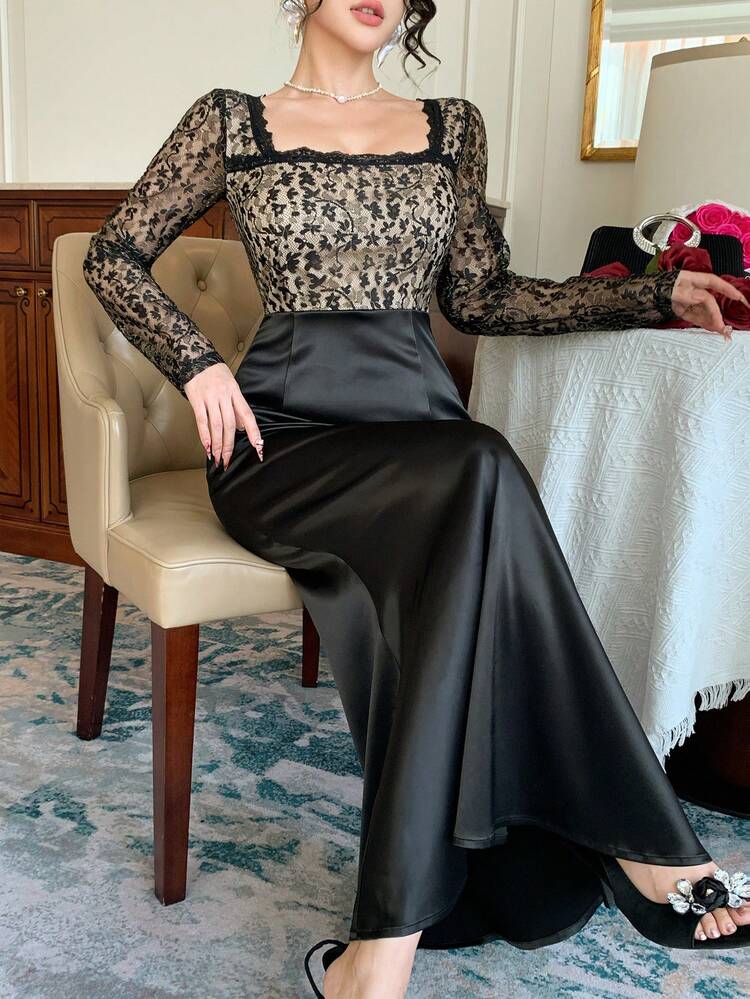 Women's Contrast Color Block Crew Neck Long Sleeve Fitted Dress Sundress