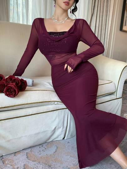 DAZY Women's Mesh Sequin Patchwork Plunging Neck Sexy Casual Elegant Dress