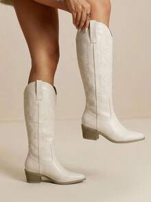 Daringsoles Giày bốt cao đến giữa bắp chân dành cho nữ, phong cách Bohemian miền Tây, thích hợp cho các buổi tiệc, lễ Giáng sinh, trang phục Halloween. - Màu be - Xem 4