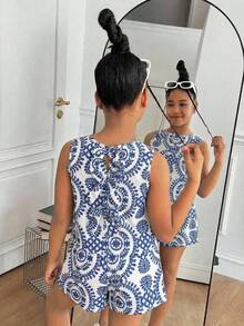 SHEIN 少女度假印花无袖套头衫和直筒短裤休闲套装 - 藍色 - 查看 9