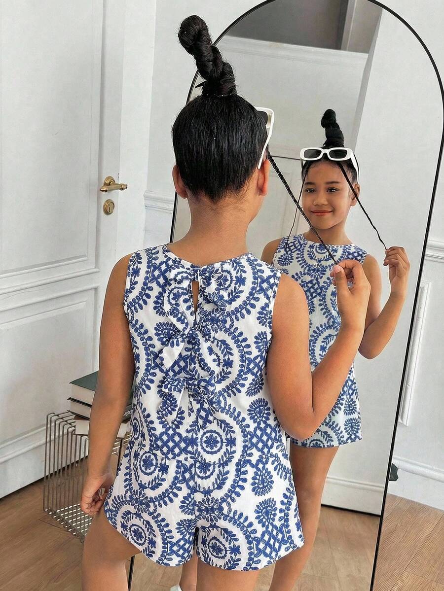 SHEIN Tween Girl Vacation Print Sleeveless Pullover Top And Straight Leg Shorts Casual Outfit - Blue - View 1