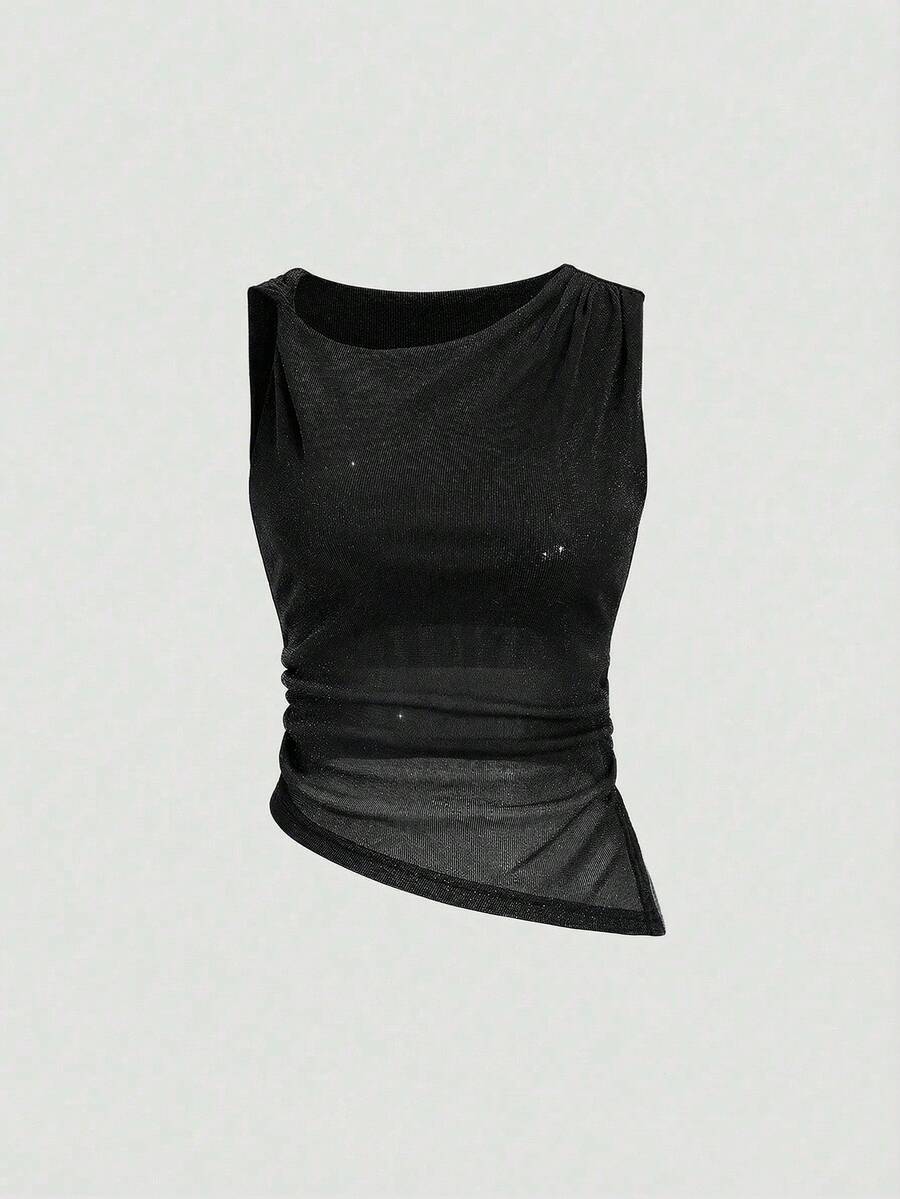 Sweetra Women's Shiny Knit Asymmetric Fitted Sleeveless Top, Versatile For Daily Commute, Spring/Summer Mesh Tops For Women Black See Through Top - Black - View 1