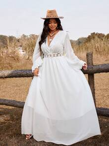 Ceyna Đầm dài tay dáng xòe, eo thon, chất liệu dệt hoa, cổ áo xếp ly, cỡ lớn, thích hợp cho đám cưới, tiệc tùng, lễ hội. - trắng - Xem 6