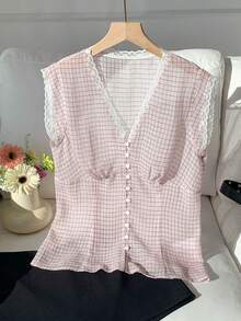 Comfortcana 粉色半透明蕾丝V领格子印花休闲无袖上衣 - 粉色 - 查看 6