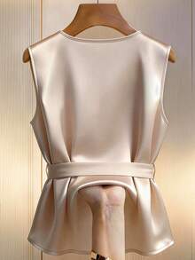 GlowEve Women's Champagne Notched Collar Beaded Loose Tie Waist Satin Elegant Commuter Slim Fit Sleeveless Blouse - Champagne - View 2