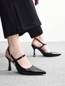 CUCCOO BIZCHIC 女士尖头细高跟黑色踝带露跟高跟鞋 简约优雅时尚性感派对宴会女士高跟鞋 女鞋 - 鏡面黑1 - 查看 4