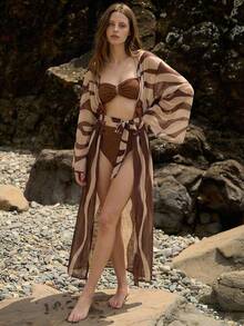 Maija Women's V-Neck Twist Waist Design Long Sleeve Casual Everyday Wear Coverup Dress Bohemian Zebra Print Summer Vacation - Brown - View 3