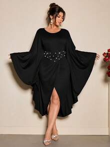 Cravure Elegant Plus Size Black Party Dress With Pearl Details Round Neck Batwing Long Sleeve Asymmetrical Hem Knee Length Bodycon Knitted Fabric - Black - View 5