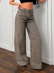 SHEIN Cottnline Women's Solid Color Slant Pocket Casual Versatile Wide Leg Jeans - Dark Wash - View 4
