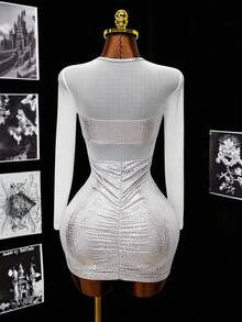 BamGleam Crew Neck Sheer Long Sleeve Patchwork Hollow Out Bodycon Ruched Mini Sexy Clubwear Dress - Silver - View 2