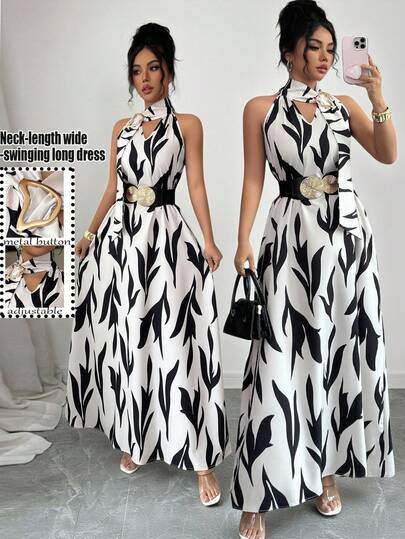 Elenzga Nuevo vestido elegante y casual de estilo vacacional sin mangas con decoración metálica 3D en el cuello halter, falda fluida, estampado de ramas de árbol, vestido largo romántico para la playa