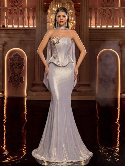 Glamrae Elegant Luxurious Elastic Coated Knit Bandeau Mermaid Tail Skirt With Handmade 3D Metal Decor (Detachable Hanging Sequin Accessory Included), Suitable For Weddings, Parties, Vacations, Galas, Formal Occasions (Heavy-Duty Design)