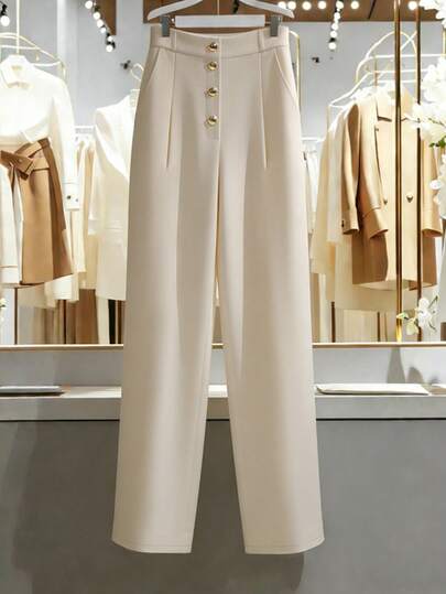 Franclia Women's New High Waist Front Button Pleated Wide Leg Casual Pants, Versatile For Commuting