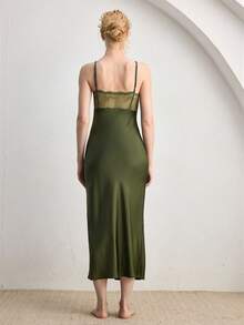 Ocili Bohemian Satin Lace Simple V-Neck Spaghetti Strap Maxi Dress, Comfortable Women Nightgown - Green - View 3