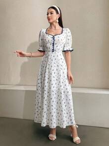 Seusyu Women's Floral Print Sweetheart Neckline Dress Maxi Women Outfit - Blue - View 4