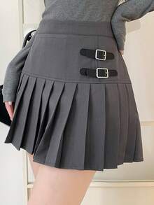 FRIFUL 女士纯灰色百褶短款修身百搭迷你裙 - 灰色 - 查看 3