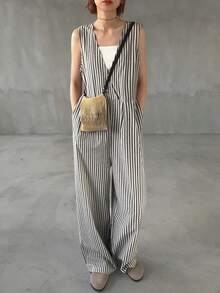 FRIFUL 女士时尚休闲条纹口袋无袖连体裤 - 黑色 - 查看 6