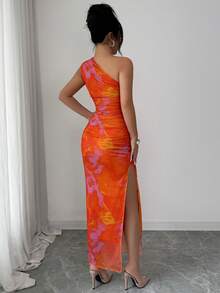 Selianne Women's Luxury Evening Dress, Tie-Dye Print Asymmetric Neckline Sleeveless Sexy Dress Orange Bodycon Maxi Dress One Shoulder Dresses For Women - Orange - View 2