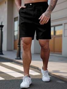 Manfinity Homme Plus Size Men's Solid Color Casual Shorts - Black - View 4