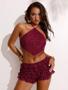 SHEIN BAE Áo tank top cổ yếm hở lưng, chất liệu vải hoa văn, có tua rua, thích hợp cho kỳ nghỉ biển, lễ hội âm nhạc, tụ họp bạn bè, phong cách Y2K, áo hở lưng gợi cảm. - Đỏ - Xem 6