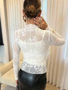 Lavishia 女士蕾丝拼接透视立领长袖上衣，万圣节女装 - 白色 - 查看 2