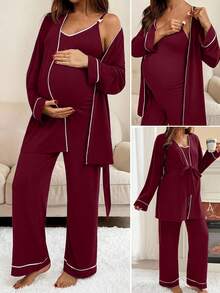 SHEIN 2pcs Nursing Contrast Trim Spaghetti Strap Jumpsuit & Romper Set - Burgundy - View 1