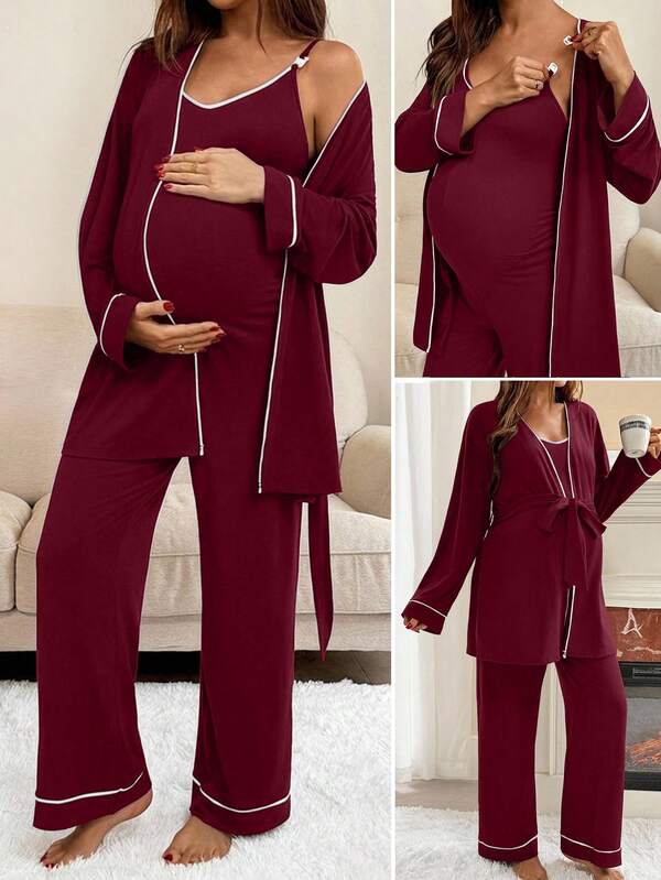 SHEIN 2pcs Nursing Contrast Trim Spaghetti Strap Jumpsuit & Romper Set