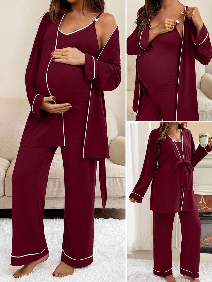 SHEIN 2pcs Nursing Contrast Trim Spaghetti Strap Jumpsuit & Romper Set - Burgundy - View 1