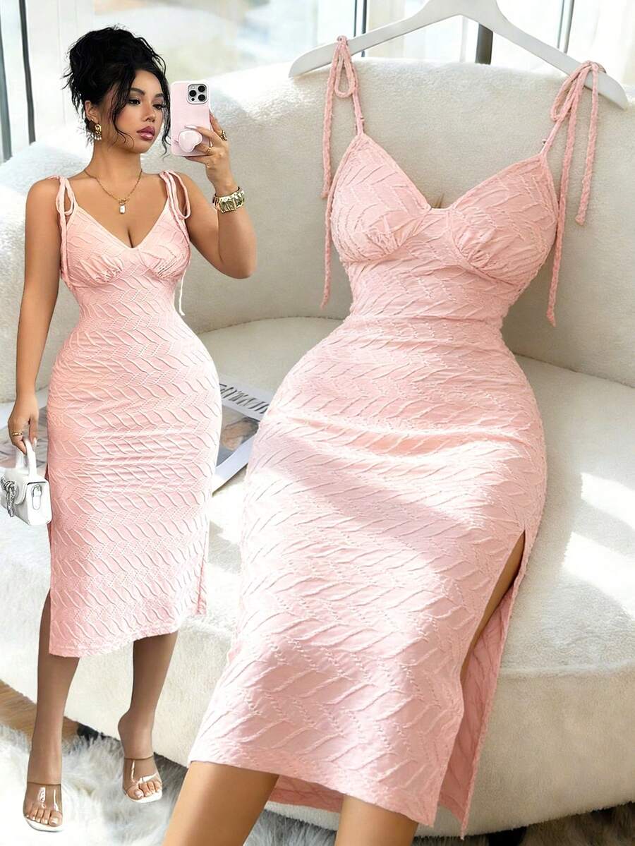 Elenzga 新款弹力针织纹理吊带侧开衩连衣裙，青春优雅，适合派对、度假、日常穿着。 - 粉色 - 查看 1
