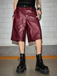 ROMWE MEN Street Life 男士休闲时尚街头宽松阔腿百慕大短裤，PU皮革材质 - 酒紅色 - 查看 5
