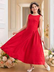SHEIN 少女优雅休闲简约樱桃红露背春季纹理可拆卸大蝴蝶结装饰A字喇叭裙婚礼花童伴娘派对礼服 - 紅色 - 查看 3