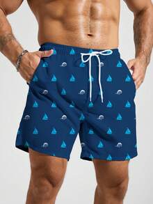 Manfinity Swimmode Pantalones cortos de playa con cordón en la cintura y estampado de barcos de vela para hombres en verano - Azul Marino - Ver 6