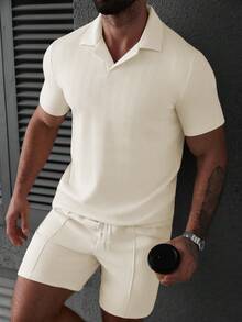 Manfinity Homme Men's Solid Color Short Sleeve Polo Shirt And Shorts Set - Apricot - View 5