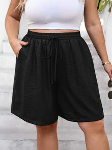 SHEIN CURVE+ Quần short nữ dáng ôm size US22, thích hợp cho lễ hội âm nhạc, kỳ nghỉ biển, phong cách boho, thời trang xuân hè, dáng rộng thoải mái, cơ bản hàng ngày, đa năng, ôm sát, cạp chun, kiểu dáng đơn giản, đi chơi, mùa hè châu Âu, sân bay, phong cách boho, kỳ nghỉ, quần short dáng ôm, phong cách cổ điển, quần short thoải mái, quần short rộng rãi, quần short Bermuda. - màu đen - Xem 9