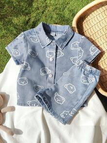 SHEIN 夏季水洗浅蓝色简约百搭时尚男童牛仔套装 - 淺藍色 - 查看 3