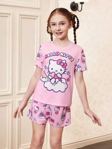 HELLO KITTY AND FRIENDS | SHEIN 少女可爱卡通字母图案短袖T恤和短裤睡衣套装，夏季 - 粉色 - 查看 4