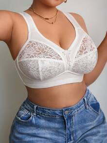 DesireSculpt 1pc Plus Size Lace Patchwork Wireless Bra - White - View 7