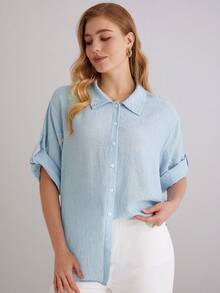 Parysyn 大码梭织通勤及度假秋季女式衬衫 - 藍色 - 查看 6