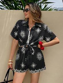 SHEIN Frenchy 女士复古前扣宽松休闲衬衫和短裤两件套 - 黑色 - 查看 7