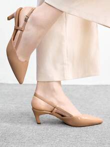 CUCCOO BIZCHIC 女士鞋履春秋新款尖头中跟杏色后系带露跟高跟鞋，简约通勤日常百搭工作鞋 - 杏色 - 查看 4