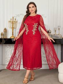 Modelyn Vestido de noche/vestido formal de encaje rojo con mangas de chal, elegante y entallado para tallas grandes - Burdeos - Ver 6
