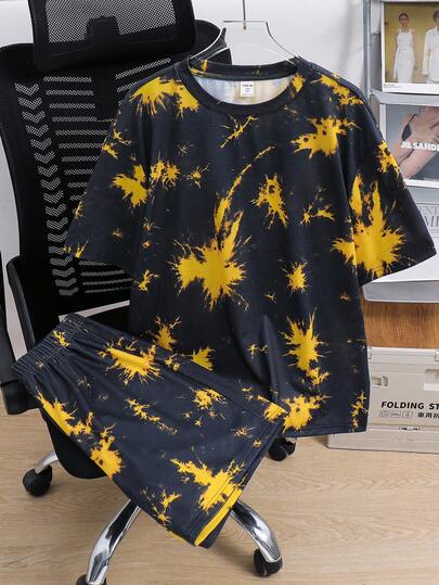 SHEIN Set de 2 piezas Conjunto informal de manga corta con cuello redondo y estampado retro de teñido anudado para adolescentes, adecuado para el verano