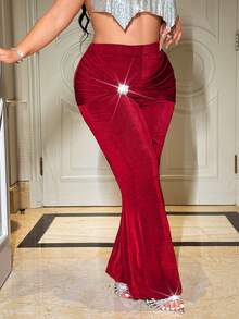 NU&NOW Plus Size Women's Red Autumn Elegant Satin Party Flare Pants,High Waist Rhinestone Twist Elastic Fitted Palazzo Trousers,Burgundy Wide Leg Pants - Burgundy - View 4