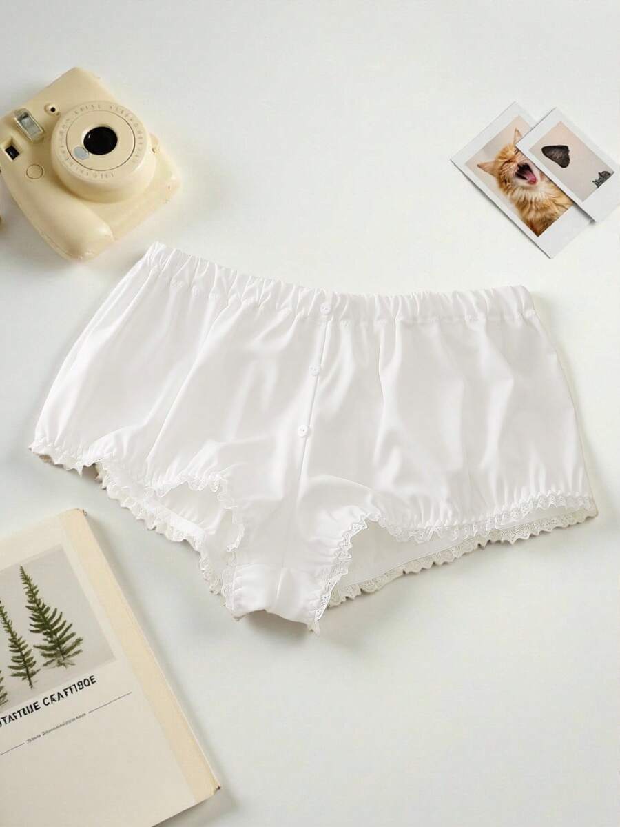SHEIN White Lace Patchwork Ruffle Decor Low Waist Comfortable Casual Chic Women Boyshort Panties - White - View 1