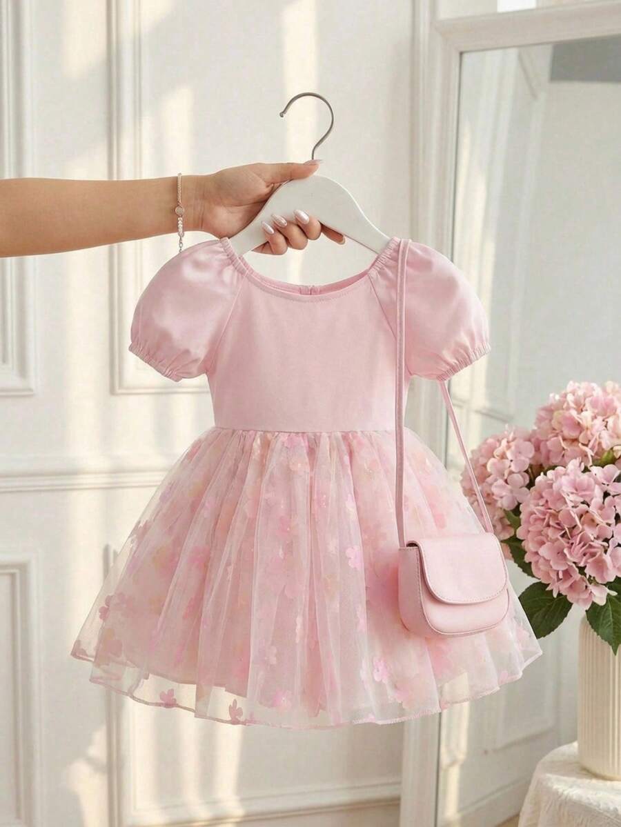 SHEIN 女婴优雅碎花泡泡袖网纱薄纱派对连衣裙，夏季 - 粉色 - 查看 1