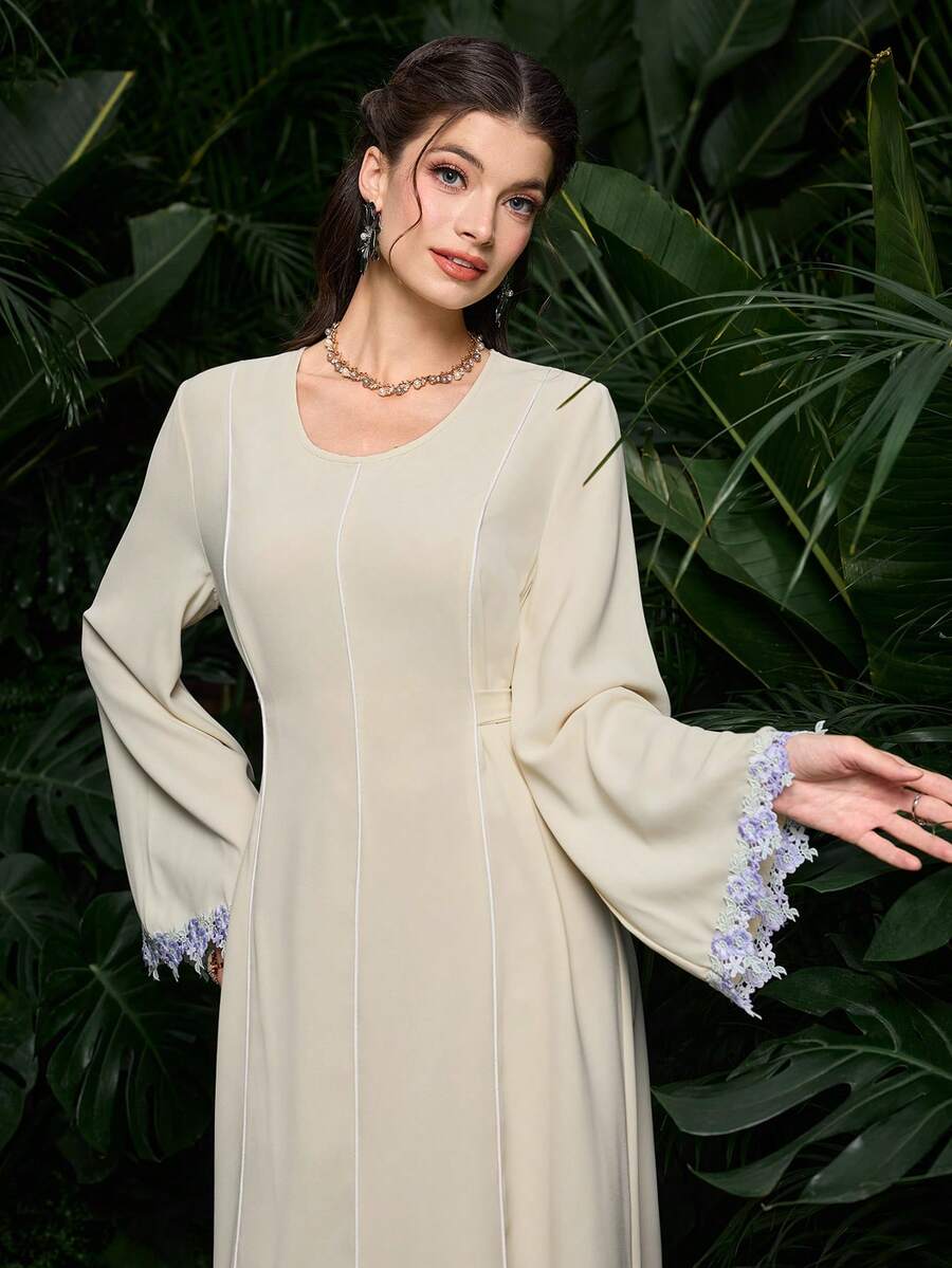 Al Najma Elegant Fitted Waist Solid Color Everyday Arabic Style Dress For Women - Yellow - View 1