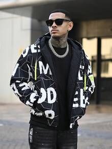 Devon Thys 男士长袖字母图案贴布细节连帽羽绒服，适合秋冬季穿着 - 黑色 - 查看 1