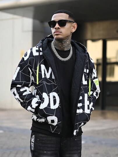 Devon Thys 男士长袖字母图案贴布细节连帽羽绒服，适合秋冬季穿着