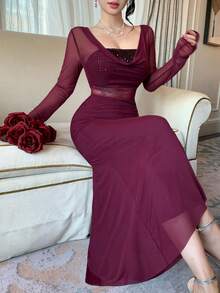 DAZY 女士网纱亮片拼接深V领性感休闲优雅连衣裙 - 紫色 - 查看 6